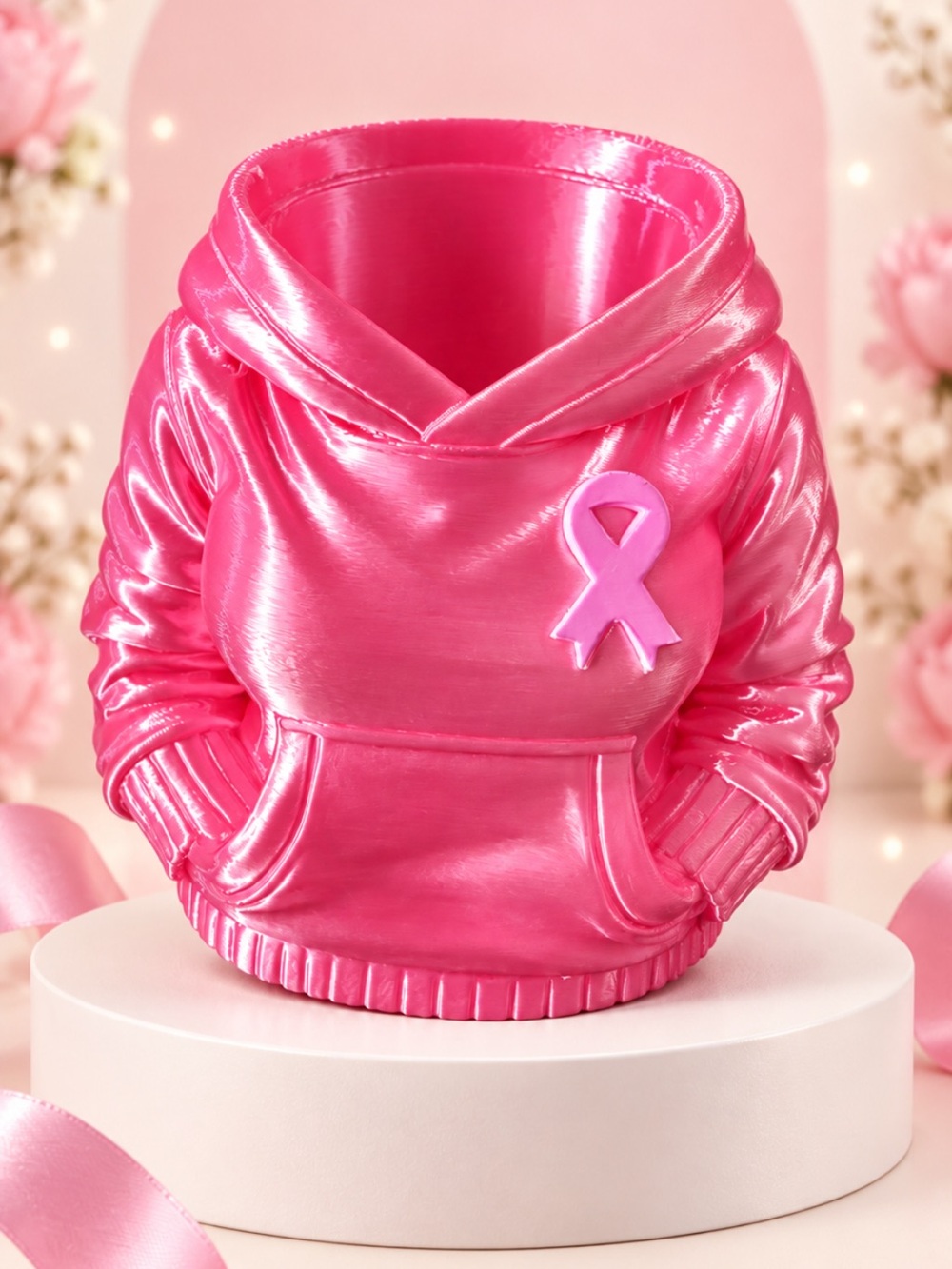 Pink Ribbon Hoodie Planter - Decorative Home Party Accent